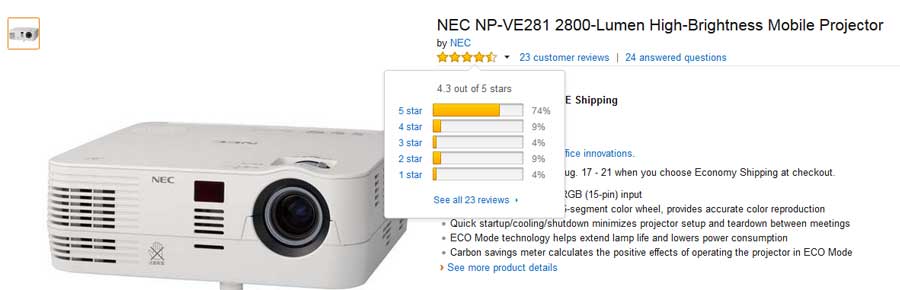 تصویر آراء کاربران سایت آمازون به پروژکتور NEC-np-VE281X